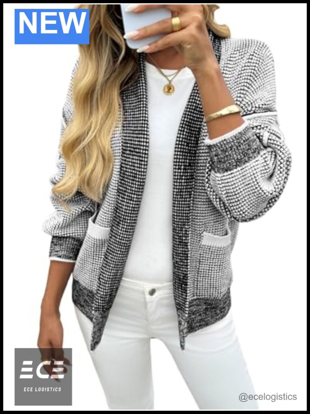 Waffle Knit Open Front Cardigan Sweater with Pockets